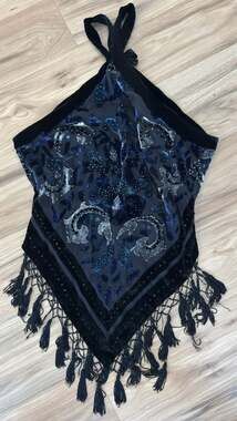 Cache Velvet Halter Top Size L Blue Black Beaded Fringe Sheer Overlay